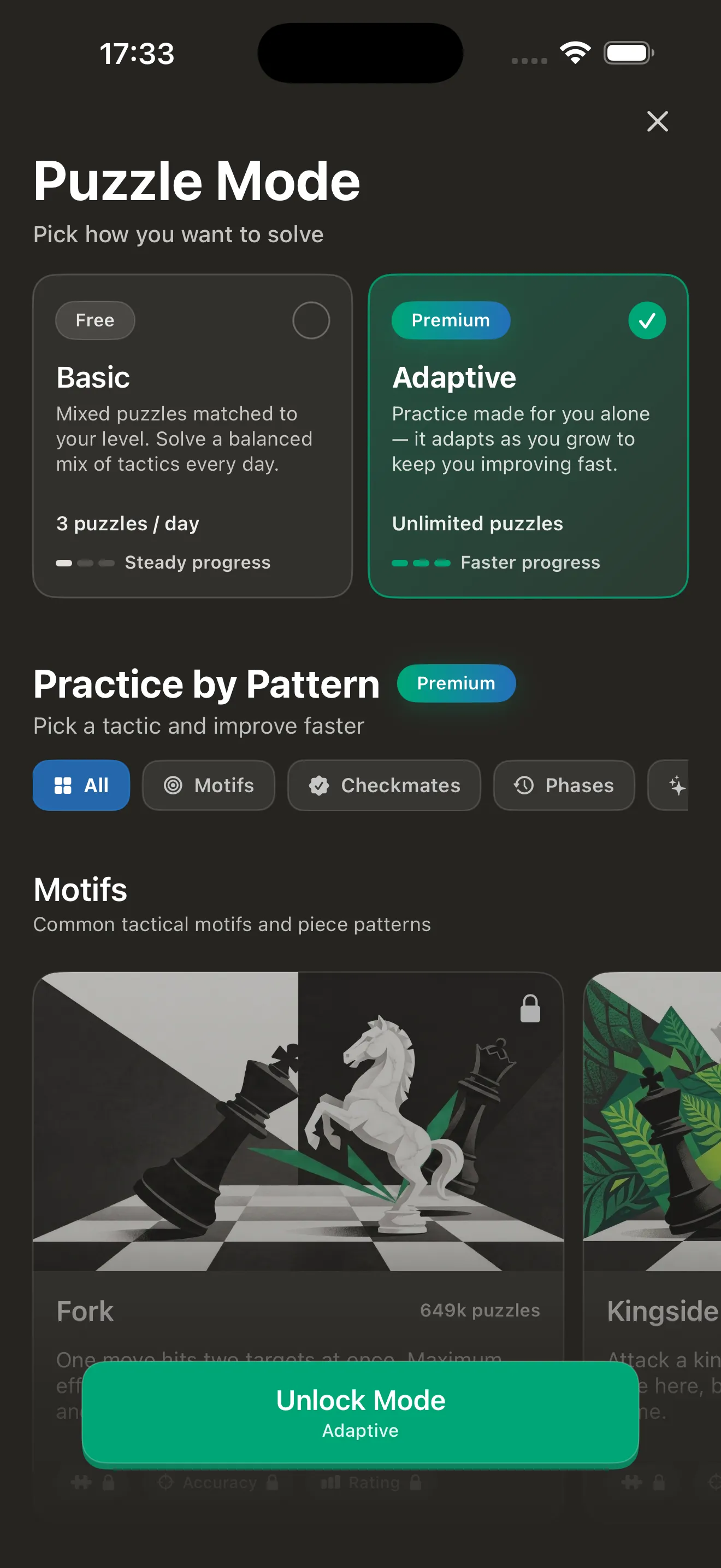 Chess.PhD adaptive puzzle mode on iPhone, showing Basic and Adaptive training options
