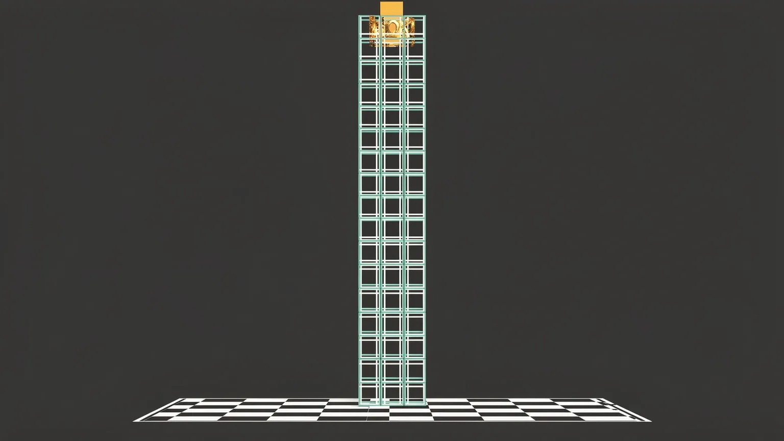 A tall stack of thin square layers rising out of a chessboard, teal light glowing between them