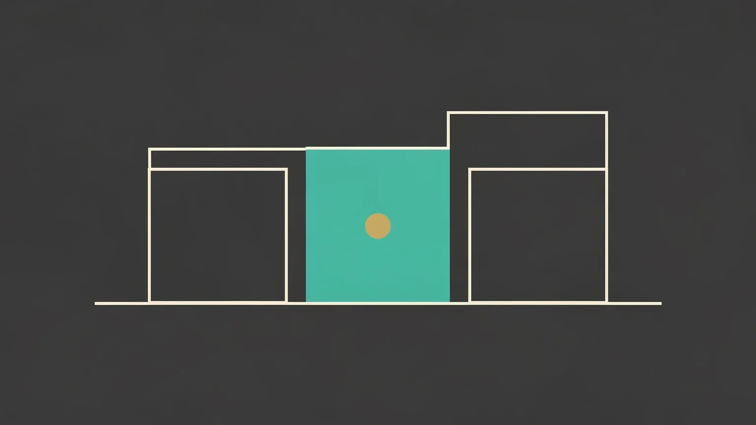 Five chess squares of different sizes in a row, all hollow and dim except one filled teal with a gold corner