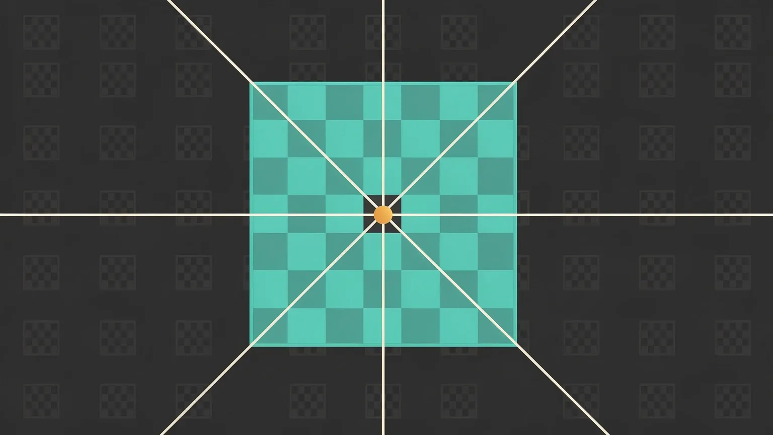 One glowing chess square with four thin lines converging on its centre, surrounded by dozens of small dim squares
