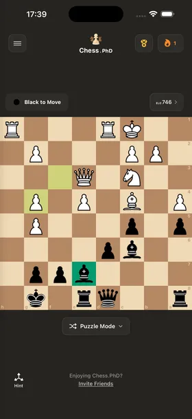 A nudge when you're stuck — never the answer — Chess Puzzles: Tactics Trainer