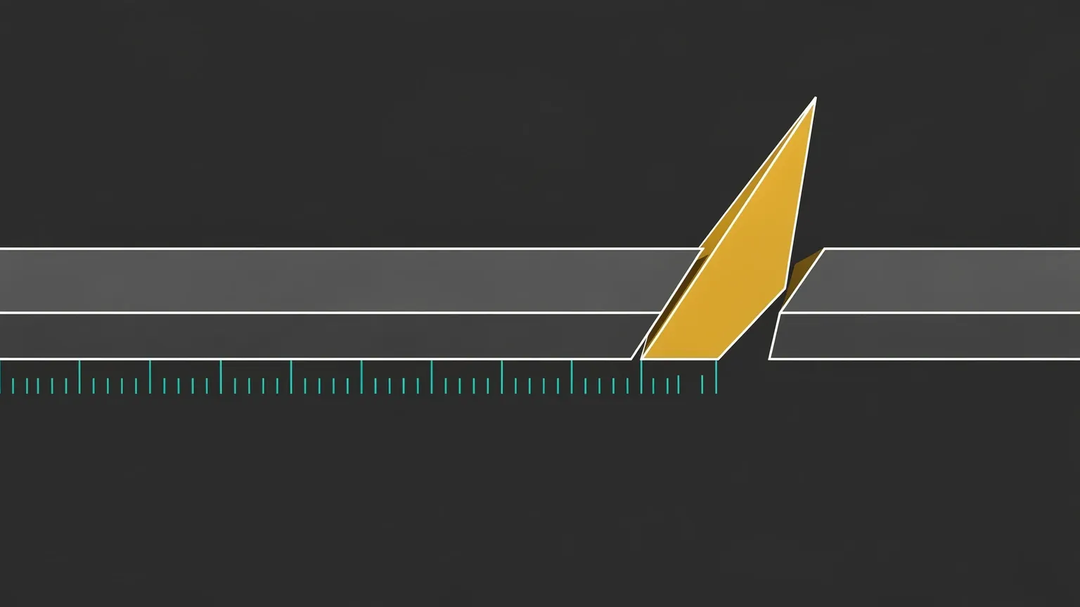 A long flat line that fractures near its end, with a single shard breaking upward into a rising gold line