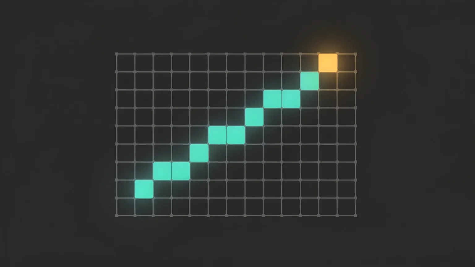 A chessboard grid wired like a neural network with one chain of nodes lit up in sequence