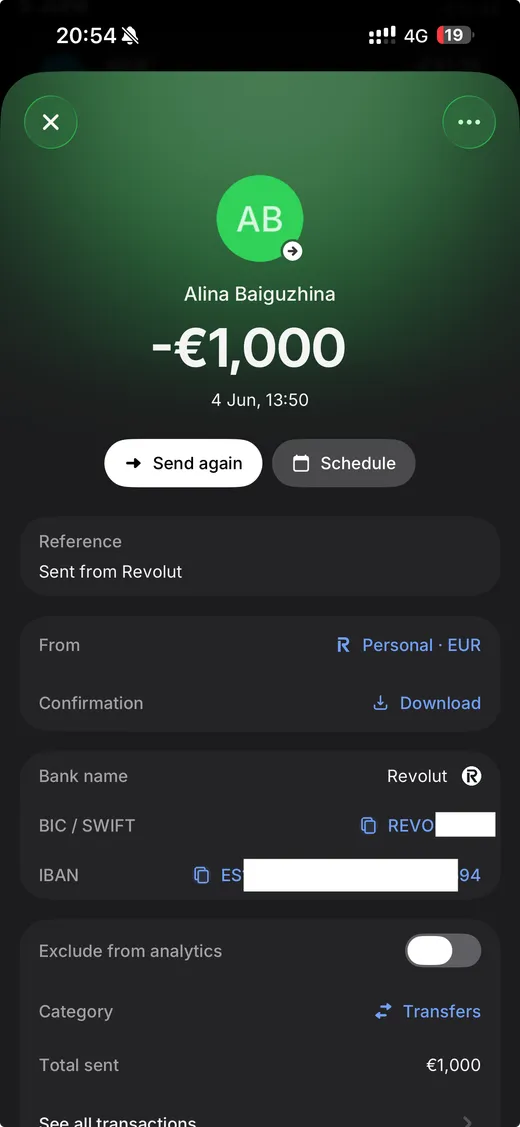 Подтверждение платежа — €1,000 (IBAN и BIC скрыты)