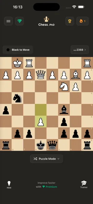 Solving a chess puzzle in Chess Puzzles: Tactics Trainer — board position with ELO rating, hints, and trainer tools