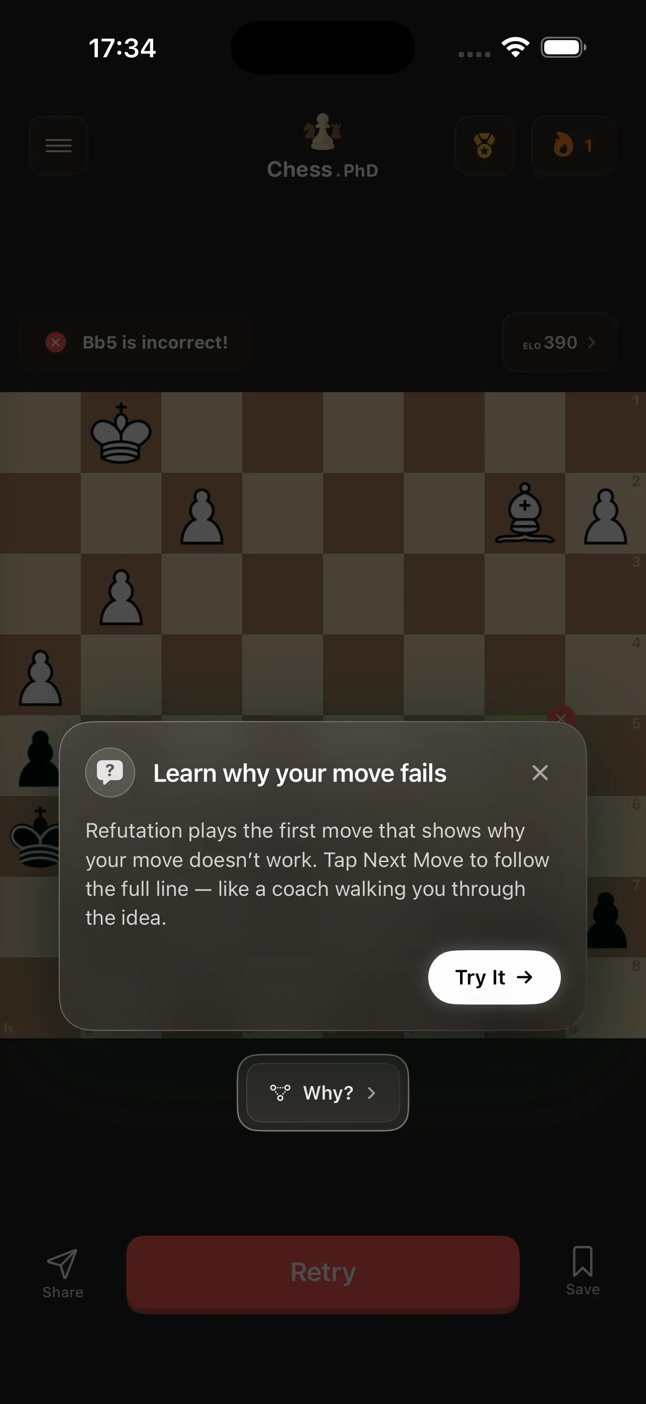 Chess.PhD showing a refutation after an incorrect move, with a 'Why?' button and a coaching explanation