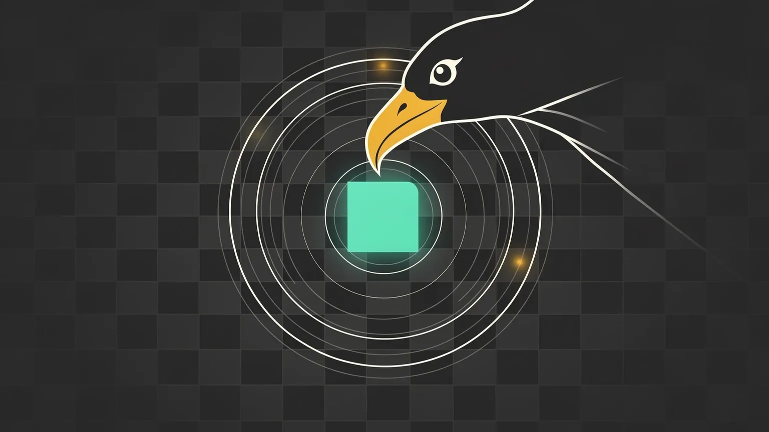 A beak striking a single chessboard square, with concentric rings spreading out and growing thinner